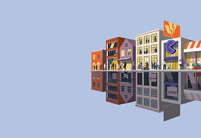 illustration of bustling retail establishments in a high end development